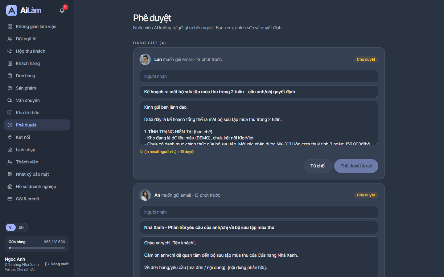 Phê duyệt: duyệt email và đơn hàng AI soạn